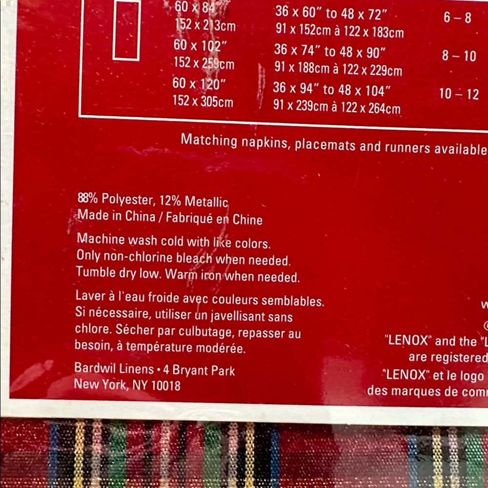 Lenox Holiday Nouveau Dazzle Table Cloth Metallic Tartan Plaid 60” x 102” - Picture 5 of 7